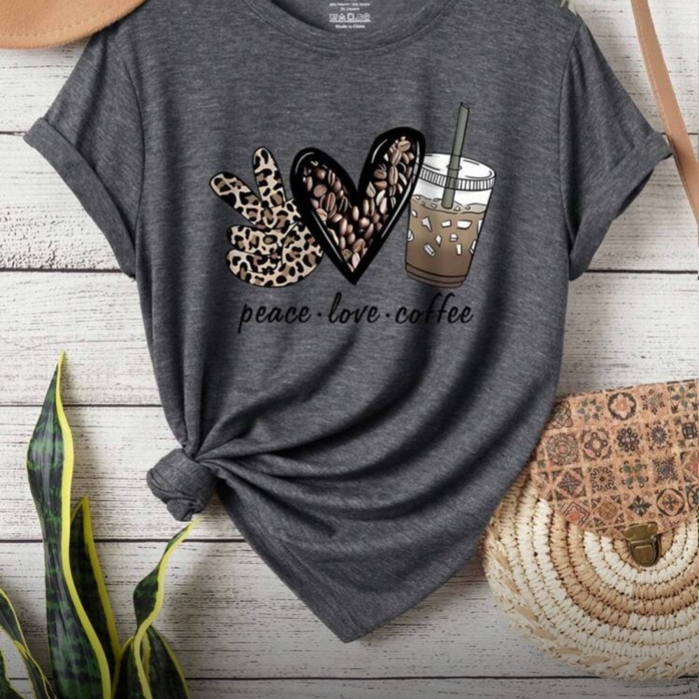 Charcoal Graphic Tee with Peace Love Coffee Design